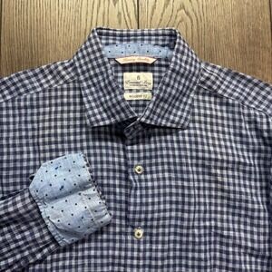 Emanuel Berg Shirt Mens Large 16.5 Blue White Plaid Luxury Modern Fit Flip Cuff
